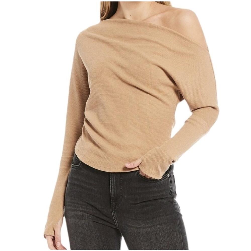 We The Free Shirt Womens Small Beige One Shoulder Waffle Knit Top Long Sleeve